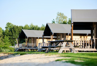 Tende safari di lusso sul lungomare al Holiday Park Sallandshoeve nei Paesi Bassi con tavoli da picnic.