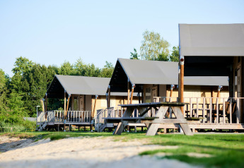 Tiendas safari de lujo junto al agua en Holiday Park Sallandshoeve, Países Bajos, con bancos de picnic.