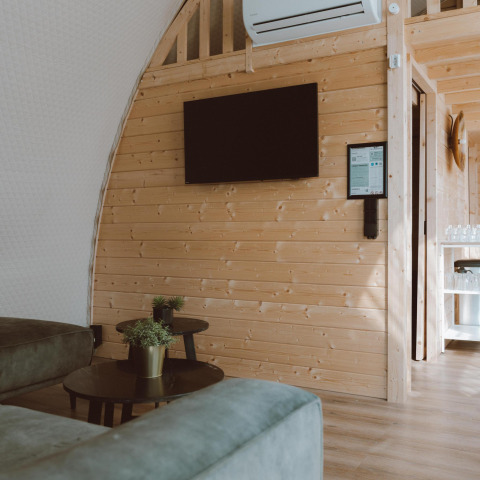Salon moderne avec murs en bois, télévision, climatisation et plantes au Big Oak Tent, Sallandshoeve.