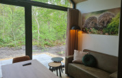 Acogedora sala en Tiny house l de Camping Si-Es-An, Países Bajos, con grandes ventanas hacia el bosque.