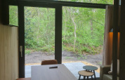 Innenansicht eines Tiny Houses mit großen Fenstern, moderner Einrichtung und Blick auf den Wald.