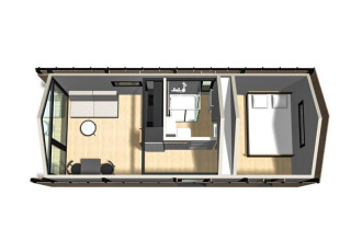 Plano del Tiny House I en Camping Si-Es-An, Países Bajos, muestra dormitorio, baño y sala de estar integrados.