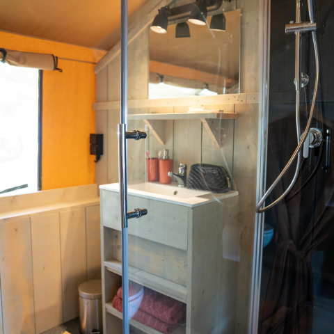 Baño moderno con ducha, lavabo y espejo en la Ranger Lodge de Camping Si-Es-An, Países Bajos.