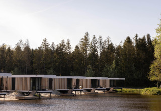 Cabañas de glamping modernas sobre pilotes junto a un lago, rodeadas de bosque, ideal para relajarse.