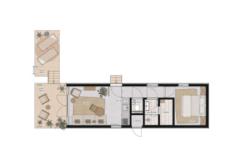 Plantegning af Waterlodge Sauna på Resort de Parel i Holland, med sauna, soveværelse og terrasser.