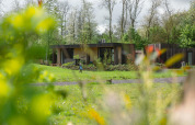 Et billede af Lodge Jacuzzi ved Resort de Parel i Holland, omgivet af grønt og træer med en person på græsset.