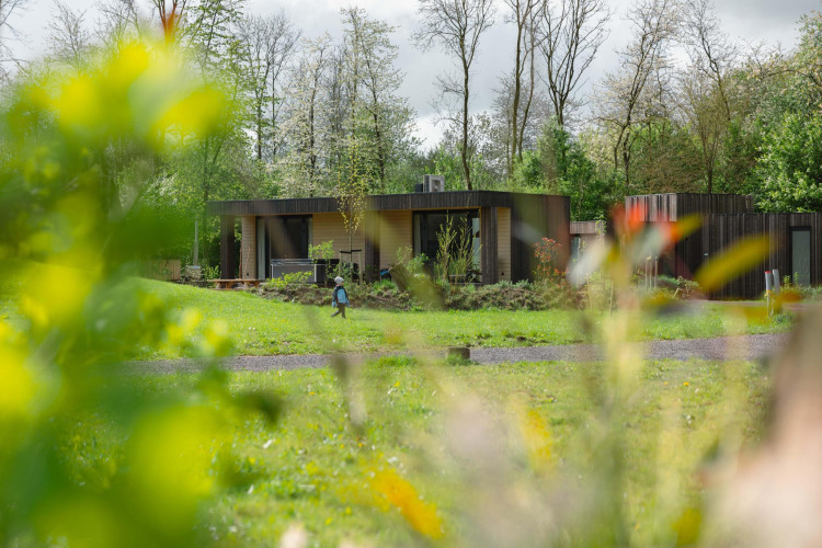Photo of Lodge Jacuzzi at Resort de Parel in the Netherlands, surrounded by greenery, with a person outside.