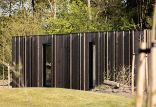 Pavillon moderne en bois avec lames verticales, entouré de verdure et d’un paysage forestier naturel.