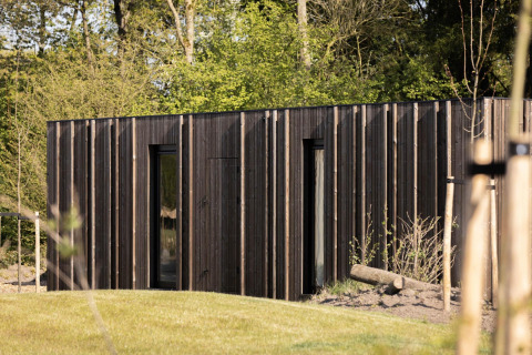 Modern wooden-clad lodge with vertical planks, surrounded by greenery and natural forest scenery.