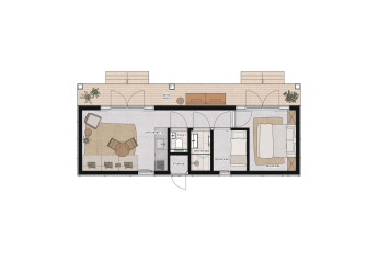 Plan d'une lodge moderne avec salon, kitchenette, deux chambres, salle de bains et terrasse extérieure.