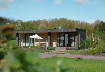 A modern lodge cabin set in lush greenery, featuring a terrace with seating and a sun umbrella on a sunny day.
