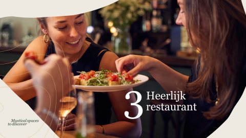 Twee vrouwen genieten van een heerlijke maaltijd en wijn in een restaurant bij Villa Hottub, Resort de Parel.