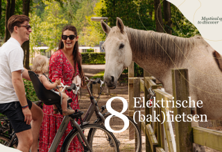 Een familie op fietsen stopt bij een hek om een paard te ontmoeten bij Villa Hottub, Resort de Parel, Nederland.