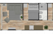 Plantegning af husbåd Havenlodge+ Amsterdam ved Marina Parcs, viser stue, køkken, værelser og terrasse.