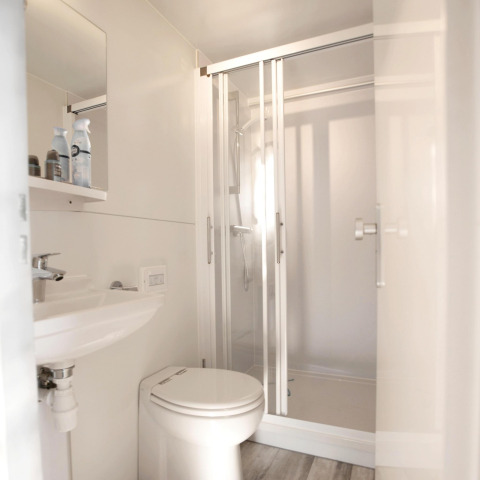 Modern compact bathroom with shower, toilet, and sink inside a houseboat at Marina Parcs Amsterdam.