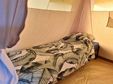 Lit simple avec draps à motif de feuilles dans une tente safari au CharmeCamping De Regge-Vallei, Pays-Bas.