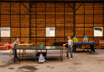 Niños juegan tenis de mesa y billar en un área común con paredes de madera en un campamento de safari.