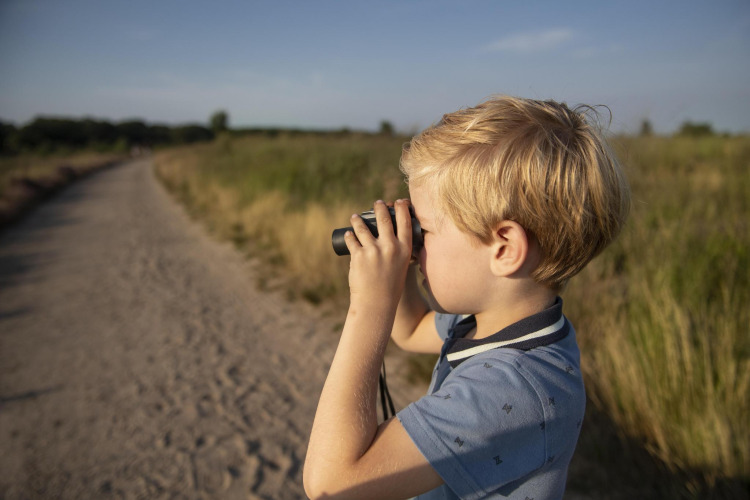 Junge mit Fernglas auf Safari auf einem Feldweg, umgeben von Graslandschaft und blauem Himmel.