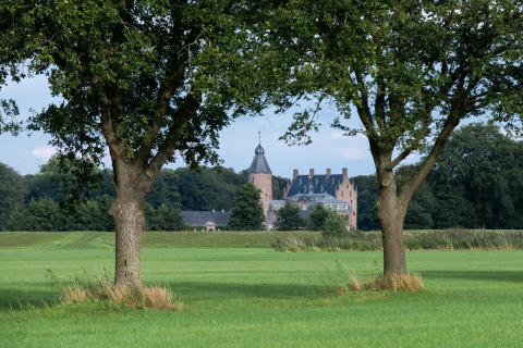 Foto de un edificio tipo castillo visto entre dos árboles en un campo verde en alojamiento glamping.