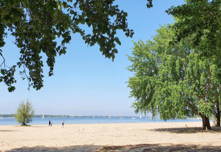 Playa de arena con árboles verdes, personas paseando y veleros navegando en un lago sereno y azul.