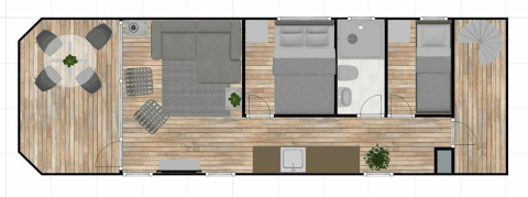 Plattegrond van een woonboot met woonkamer, keuken, eethoek, twee slaapkamers en wenteltrap naar het dek.