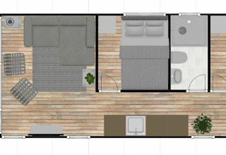 Plano de una casa flotante con sala, cocina, comedor, dos dormitorios y escalera de caracol al deck.