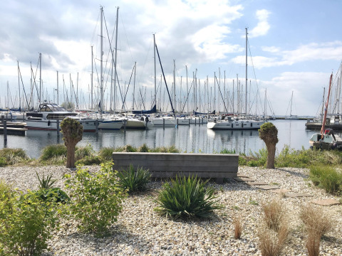 Zicht vanaf House boat 4-Almere aan Marina Parcs Almere met bankje, planten en zeilboten in Nederland.