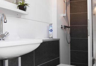 Modernes Badezimmer auf einem Hausboot in Almere, Niederlande, mit Dusche, WC, Waschbecken und Pflanze.