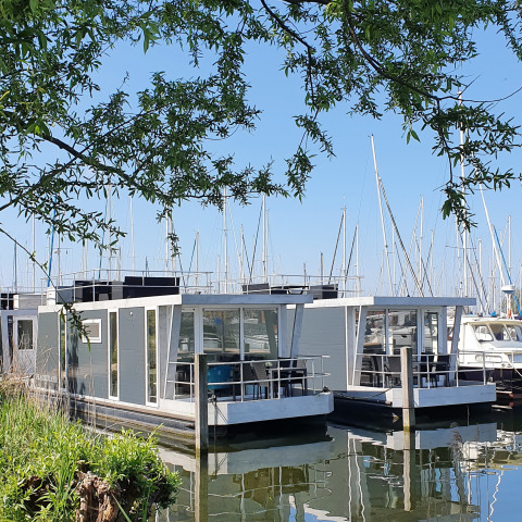 To moderne husbåde ligger forankret ved Marina Parcs Almere under blå himmel i Holland.