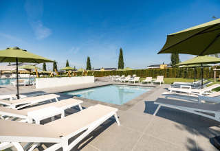 Zona de piscina exterior con tumbonas y sombrillas verdes en Resort Mooi Bemelen, Biebosch - tuinhuis, Países Bajos.