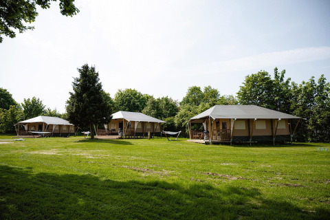 Tiendas safari Villatent Cottage en Camping Borken am See, Alemania, rodeadas de césped verde.