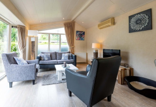 Lyst og komfortabelt opholdsområde i feriehus på EuroParcs Noordwijkse Duinen, Holland, med moderne indretning.