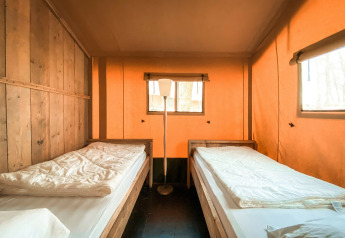 Indvendigt billede af en safariteltsommercamp på Beerze Bulten, Nederlandene, med to senge og varme farver.