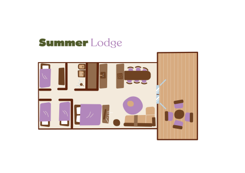 Plattegrond van het Summer Lodge safaritent bij Beerze Bulten, Nederland, met slaapkamers en terras.
