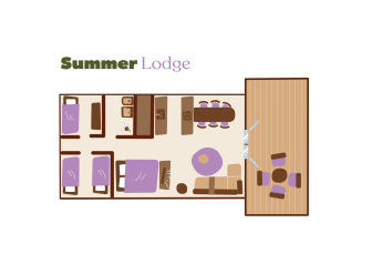 Plano de la tienda safari Summer Lodge en Beerze Bulten, Países Bajos, con dormitorios y terraza exterior.