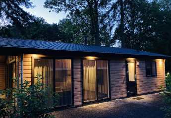 Vista nocturna de Family Lodge Deluxe en De Thijmse Berg, Países Bajos, con ventanas iluminadas y naturaleza.