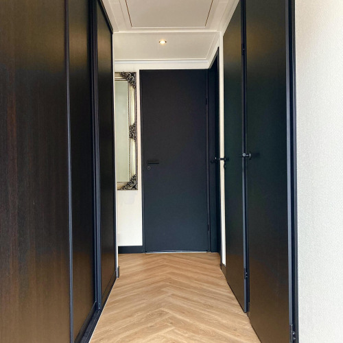 Couloir étroit dans Family Lodge Deluxe à De Thijmse Berg, Pays-Bas, portes sombres, miroir et sol en bois.