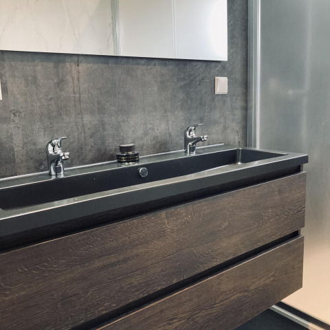Baño moderno con lavabo doble, gabinete de madera oscura y espejo en Family Lodge Deluxe, De Thijmse Berg.