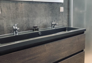 Baño moderno con lavabo doble, gabinete de madera oscura y espejo en Family Lodge Deluxe, De Thijmse Berg.