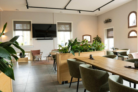 Modern lounge with TV and greenery at Holiday villa Amalia, Hofparken Wiltershaar in the Netherlands.