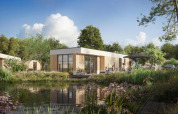 Water lodge 6 Deluxe with sauna and hot tub, modern lodge by the pond, guests relaxing in a lush green setting.