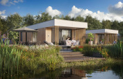 Water Lodge 2 moderna con jacuzzi en Hofparken Wiltershaar, Países Bajos, rodeada de naturaleza y un estanque.