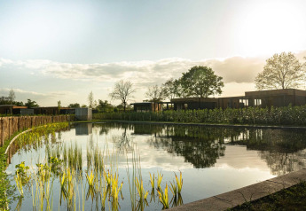 Atardecer sobre un estanque en un lodge con edificios modernos de madera y vegetación exuberante al fondo.