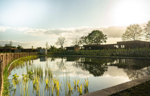 Un tranquilo lodge con cabañas modernas, un gran estanque y vegetación bajo la luz del atardecer.