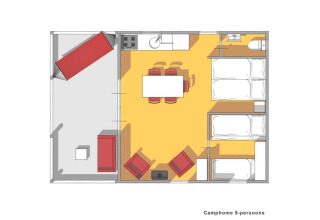 Plano de una cabaña Camphome para 5 personas en Holiday park Witterzomer, Países Bajos, con mobiliario.
