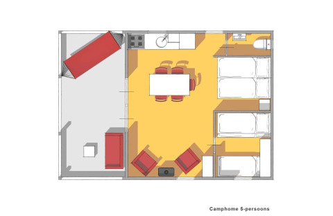 Plano de una cabaña Camphome para 5 personas en Holiday park Witterzomer, Países Bajos, con mobiliario.