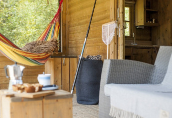 Veranda van lodge met kleurrijke hangmat, stoel en boszicht bij Camphome, Witterzomer, Nederland.