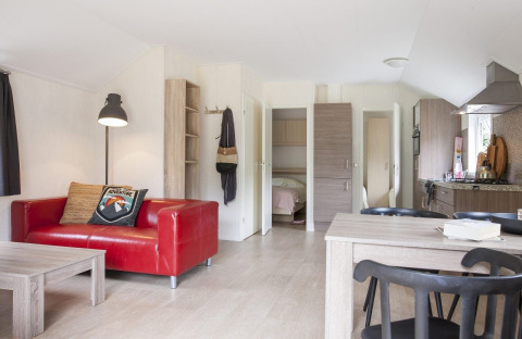 Vue intérieure du Chalet avec Véranda au Holiday park Witterzomer, Pays-Bas, avec mobilier moderne.