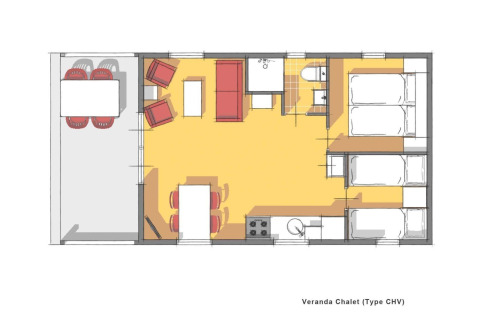 Plano de chalet con veranda en Holiday park Witterzomer, Países Bajos, con capacidad para seis personas.
