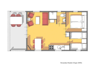 Plano de chalet con veranda en Holiday park Witterzomer, Países Bajos, con capacidad para seis personas.